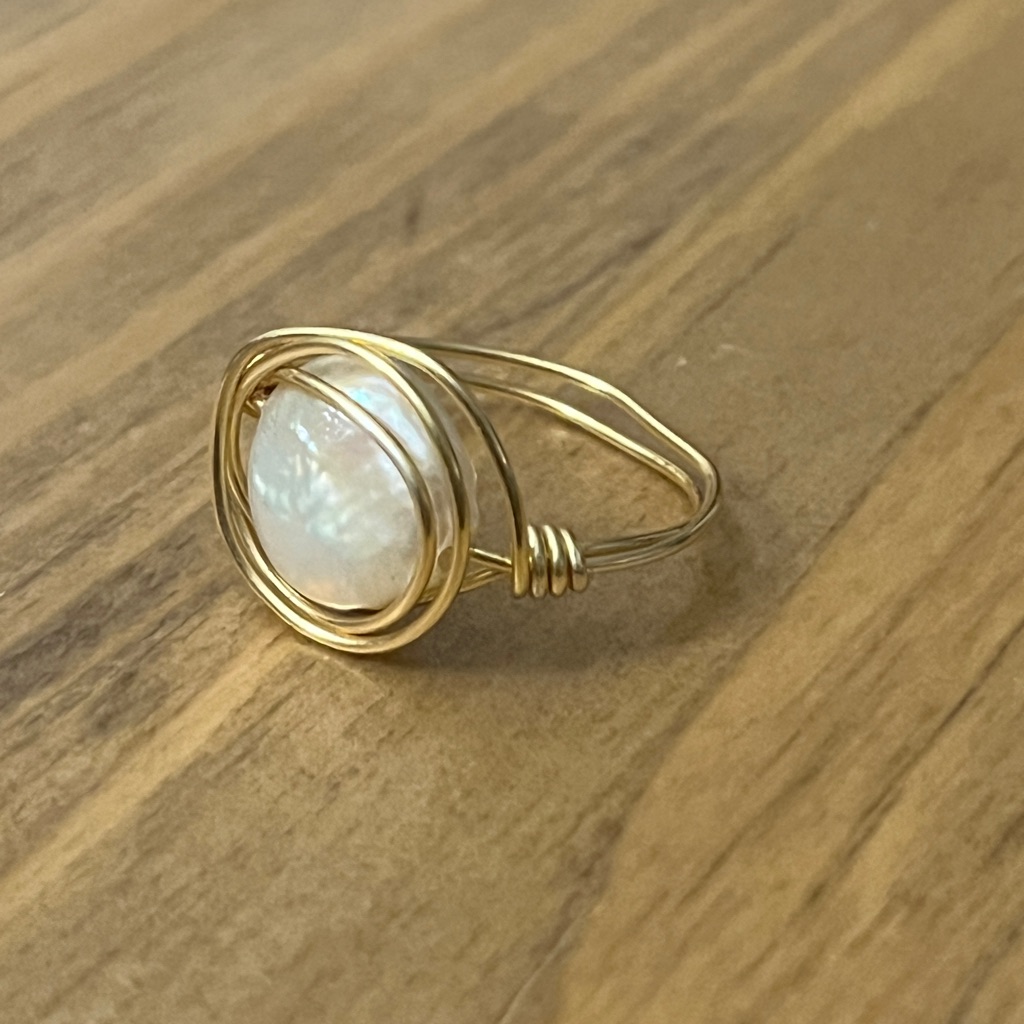 Genuine White Coin Pearl Gold Wire Wrapped Ring Size 8 Handmade